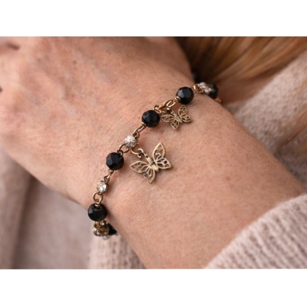 Gold Tone Butterfly Charm Bracelet Black Bead Delicate Jewelry Rhinestone